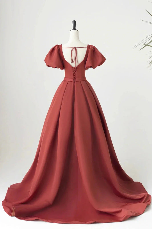 Satin Long Pleated Long Prom Dress Elegant Short Sleeve Evening Party Dress Discount Long Bridesmaid Dresses by YiHuiw