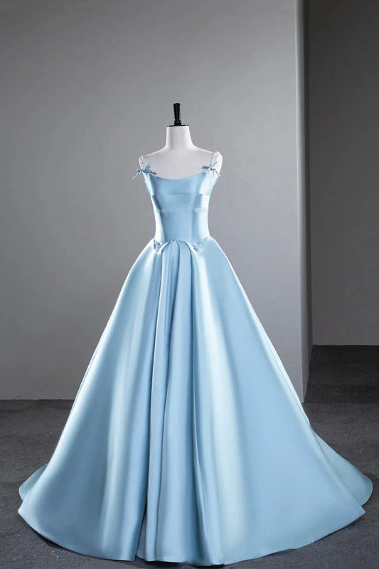 Satin Long Prom Dress A-Line Spaghetti Strap Evening Party Dress simple gentle atmospheric and unique desi Bring summer by YiHuiw