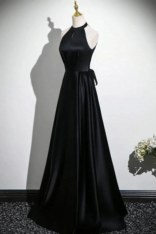 Satin Long Prom Dress Black A-Line Evening Party Dress simple gentle atmospheric and unique desi Brin by YiHuiw