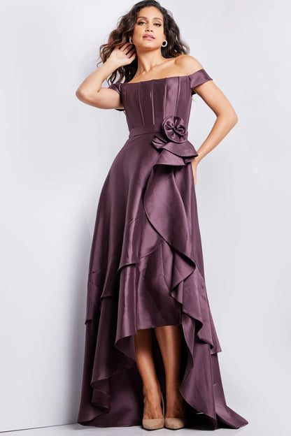 Satin Off-Shoulder Evening Dress with Corset Bodice, Floral Accent and High-Low Ruffles