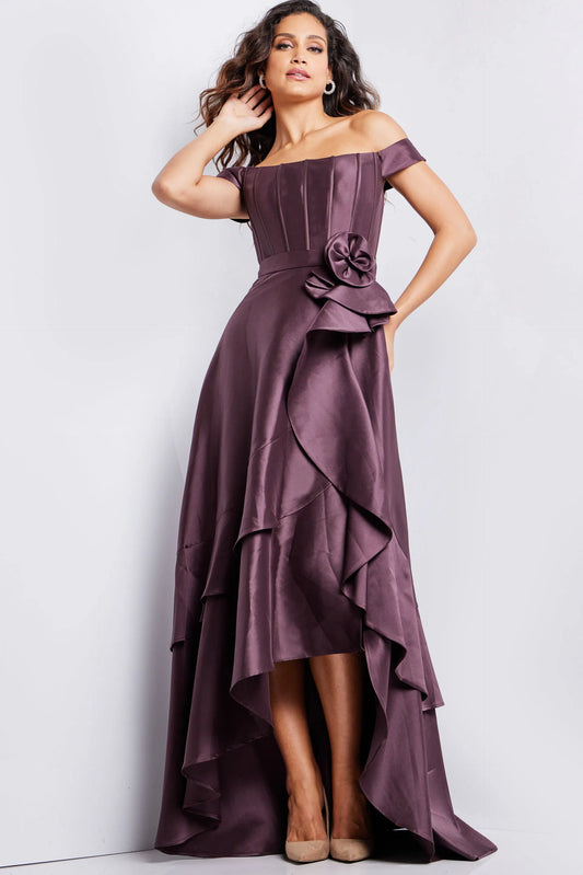Satin Off-Shoulder Evening Dress with Corset Bodice, Floral Accent and High-Low Ruffles