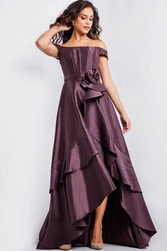 Satin Off-Shoulder Evening Dress with Corset Bodice, Floral Accent and High-Low Ruffles