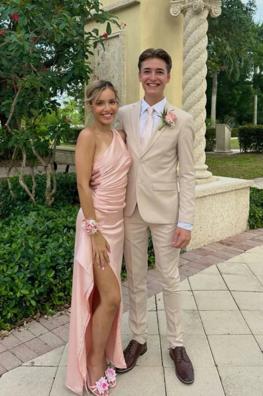 Satin One-Shoulder Asymmetric Ruched High-Slit Asymmetric Hem Mermaid Prom Dress by JiMiss Dresses