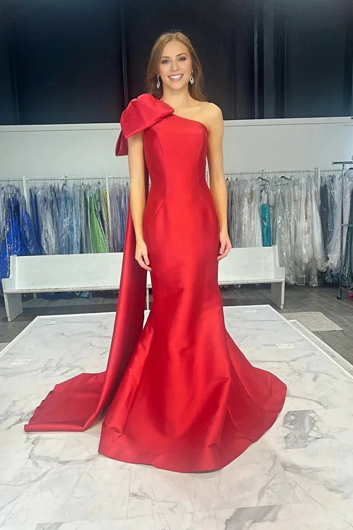 Satin One-Shoulder Oversized Bow Cape Train Mermaid Floor-Length Bold Red Evening Dress by YiHuiw