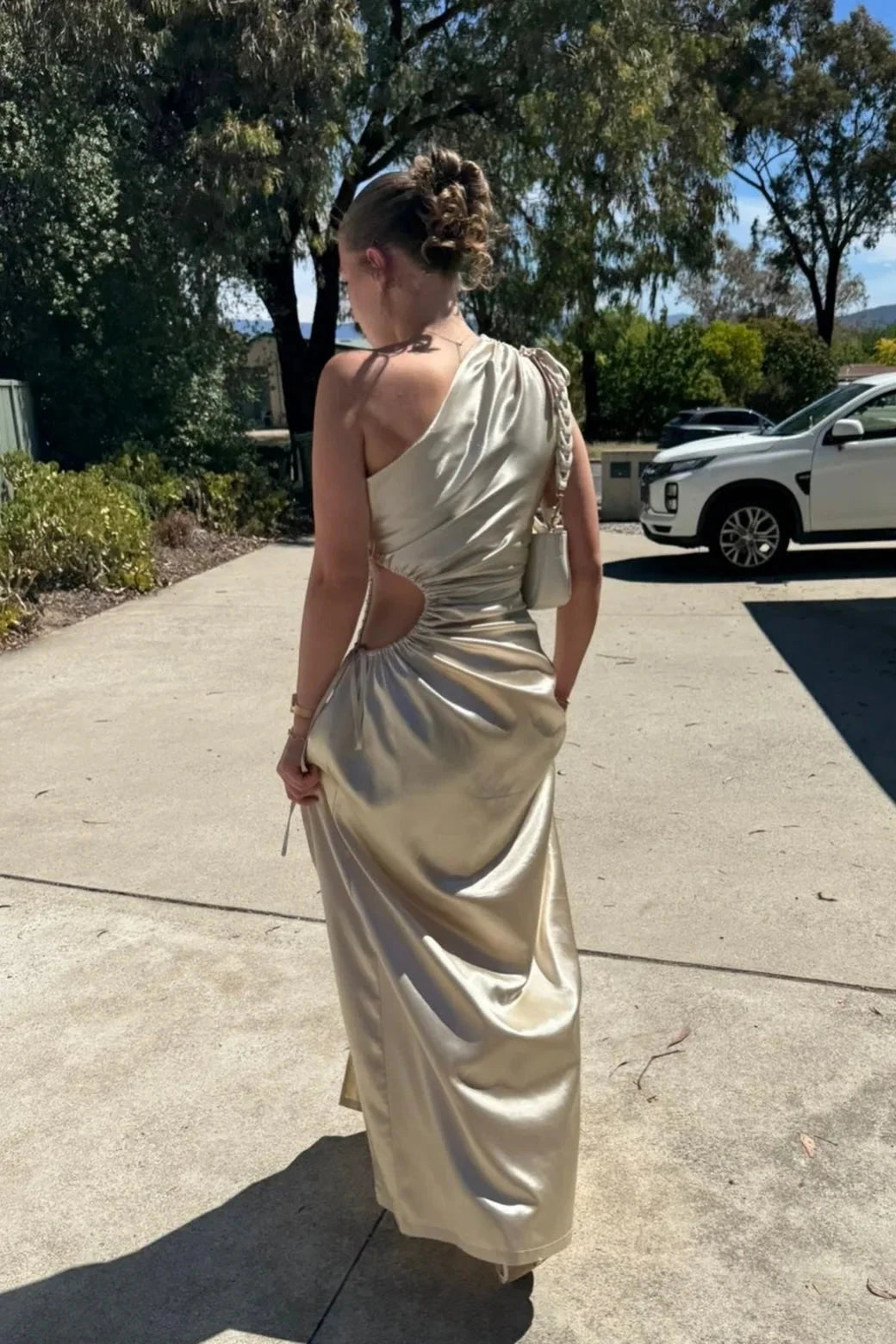 Satin One-Shoulder Prom Dresses with Ruched Waist, Back Cutout and Floor-Length Formal Gown by JiMiss Dresses