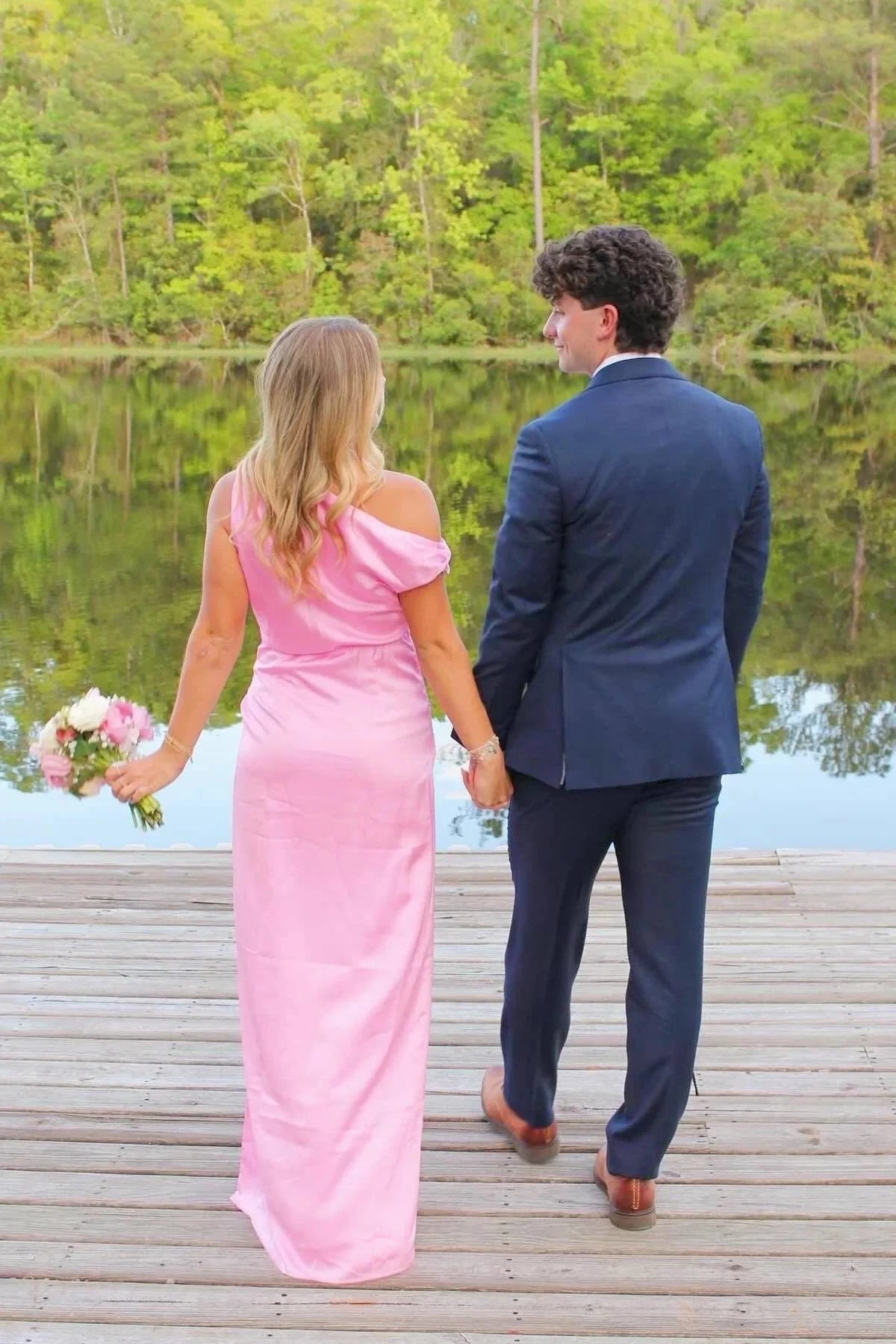 Satin One-Shoulder Prom Dress with Ruched Bodice, High Slit and Floor-Length Skirt by JiMiss Dresses