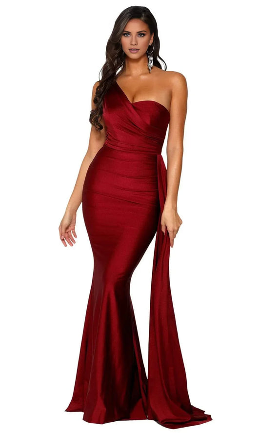 Satin One-Shoulder Ruched Bodice Mermaid Silhouette Draped Train Floor-Length Glamorous Formal Evening Dress