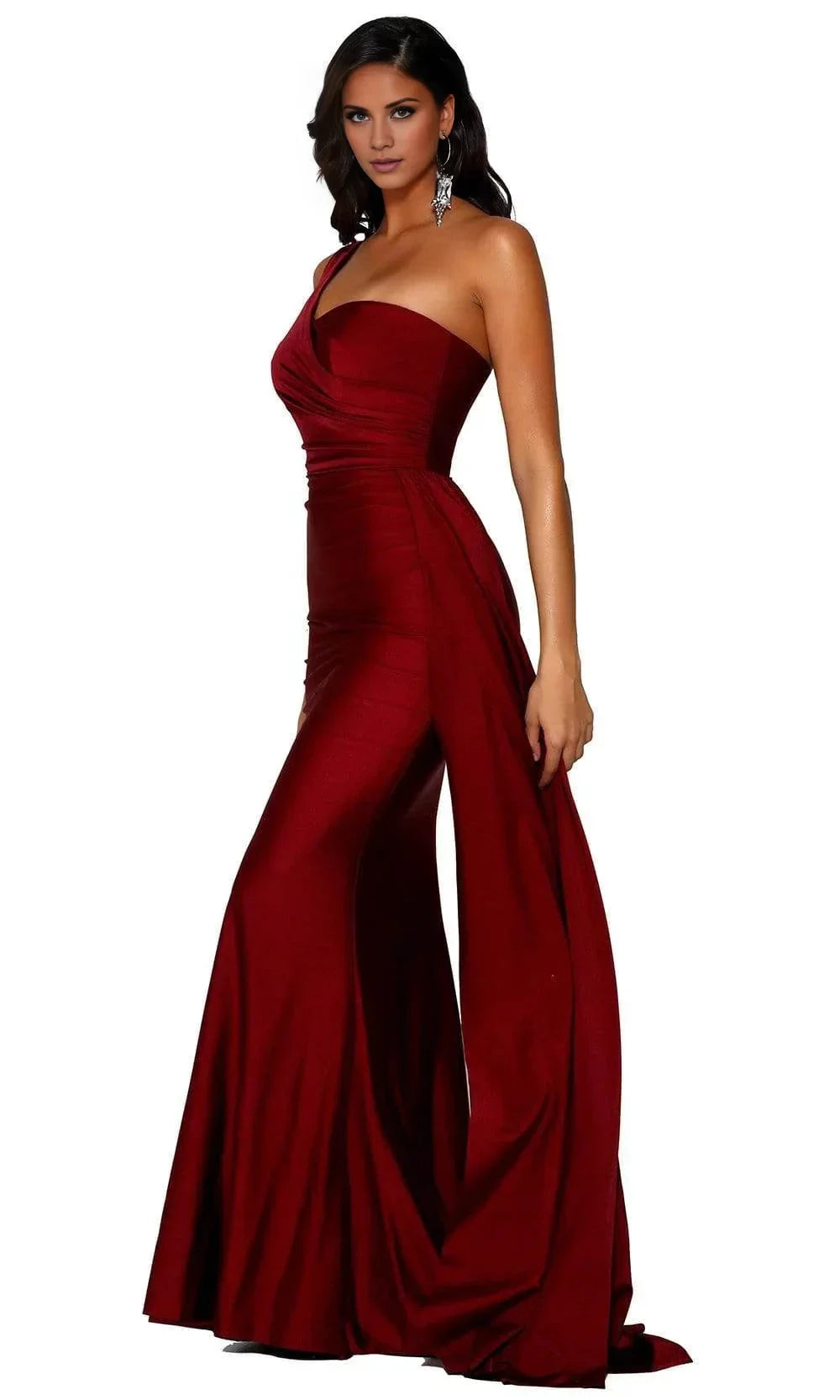 Satin One-Shoulder Ruched Bodice Mermaid Silhouette Draped Train Floor-Length Glamorous Formal Evening Dress by YiHuiw