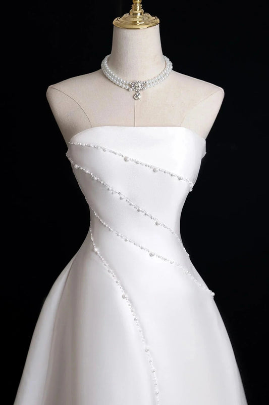 Satin Pearl Long A-Line Prom Dress White Evening Party Dress simple gentle atmospheric and unique desi Bring by YiHuiw