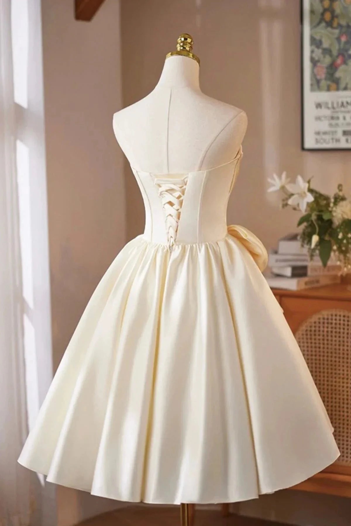 Satin Short Prom Dress A-Line Strapless Party Dress with Corset simple gentle atmospheric and unique desi Brin by YiHuiw
