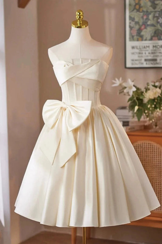 Satin Short Prom Dress A-Line Strapless Party Dress with Corset simple gentle atmospheric and unique desi Brin by YiHuiw