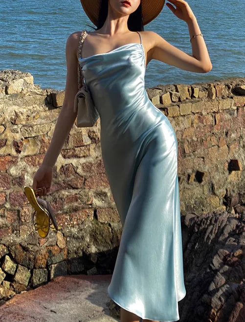 Satin Spaghetti-Strap Cowl Neck Crisscross Open-Back Midi-Length Elegant Formal Evening Dress by YiHuiw