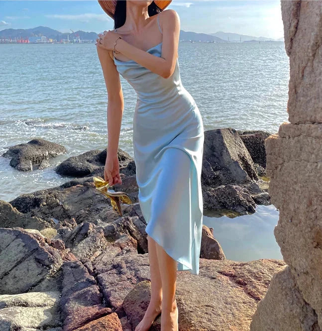 Satin Spaghetti-Strap Cowl Neck Crisscross Open-Back Midi-Length Elegant Formal Evening Dress by YiHuiw