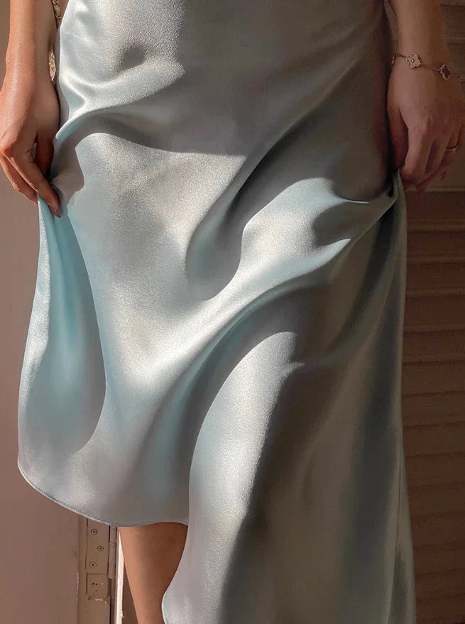Satin Spaghetti-Strap Cowl Neck Crisscross Open-Back Midi-Length Elegant Formal Evening Dress by YiHuiw