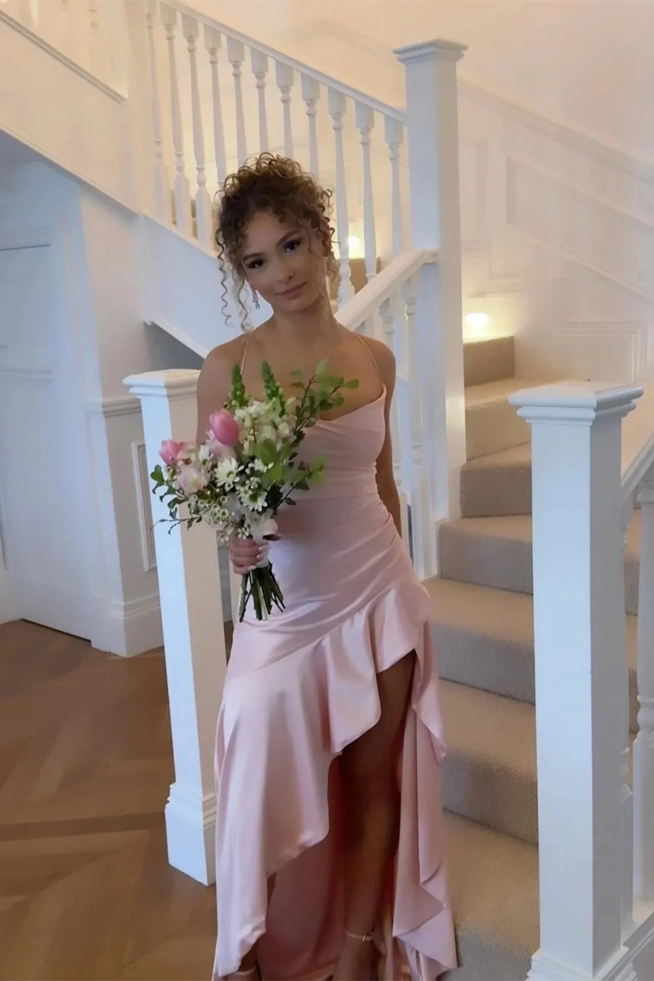 Satin Spaghetti-Strap Cowl Neck Ruched Bodice High-Slit Asymmetric Ruffle Mermaid Prom Dress by JiMiss Dresses