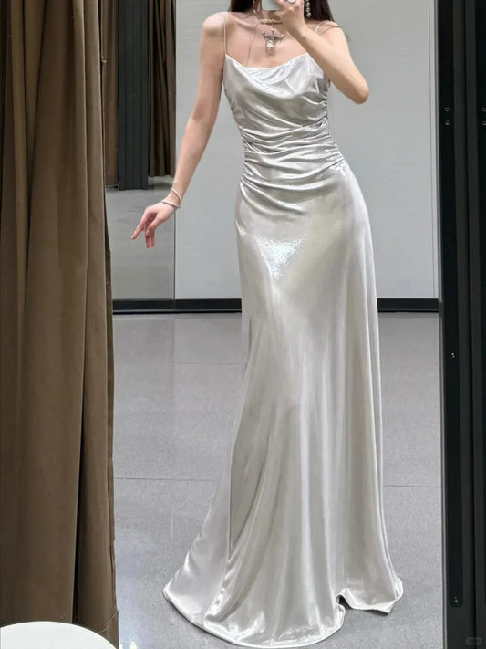 Satin Spaghetti-Strap Cowl Neck Ruched Bodice Open-Back Floor-Length Train Glamorous Formal Evening Dress by YiHuiw