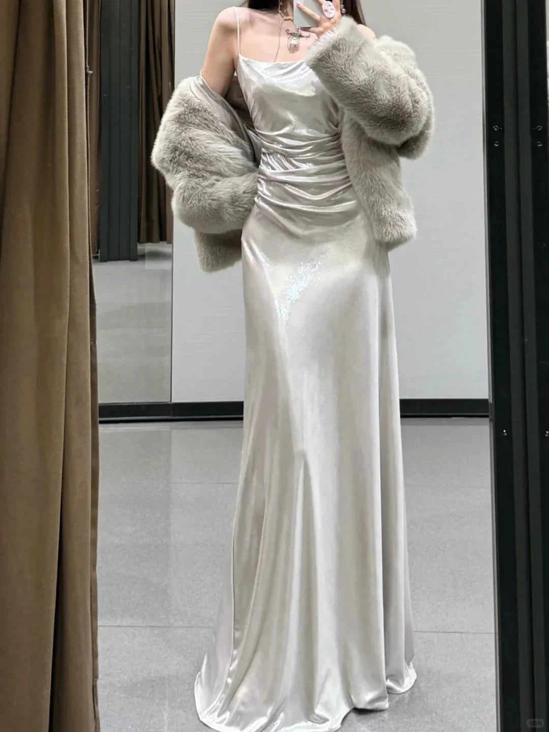 Satin Spaghetti-Strap Cowl Neck Ruched Bodice Open-Back Floor-Length Train Glamorous Formal Evening Dress by YiHuiw