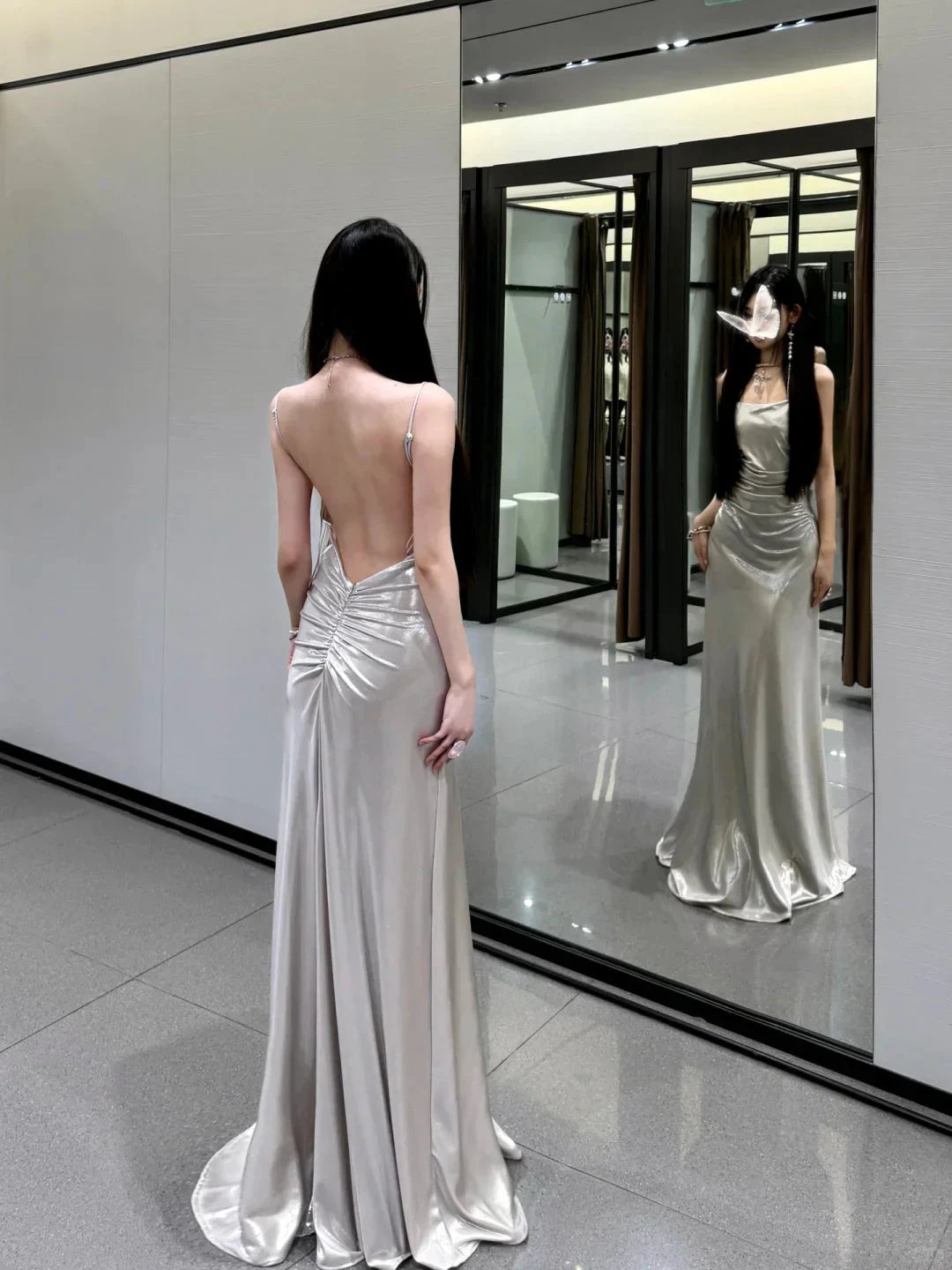 Satin Spaghetti-Strap Cowl Neck Ruched Bodice Open-Back Floor-Length Train Glamorous Formal Evening Dress by YiHuiw