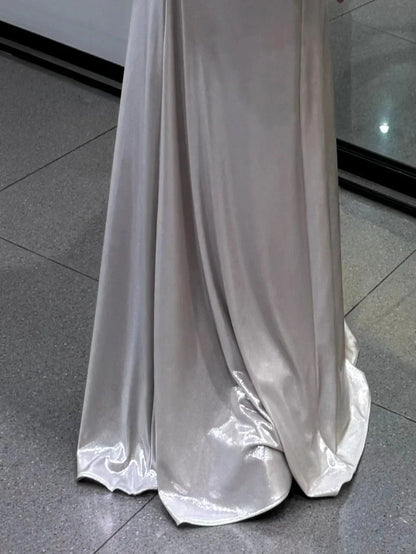 Satin Spaghetti-Strap Cowl Neck Ruched Bodice Open-Back Floor-Length Train Glamorous Formal Evening Dress by YiHuiw