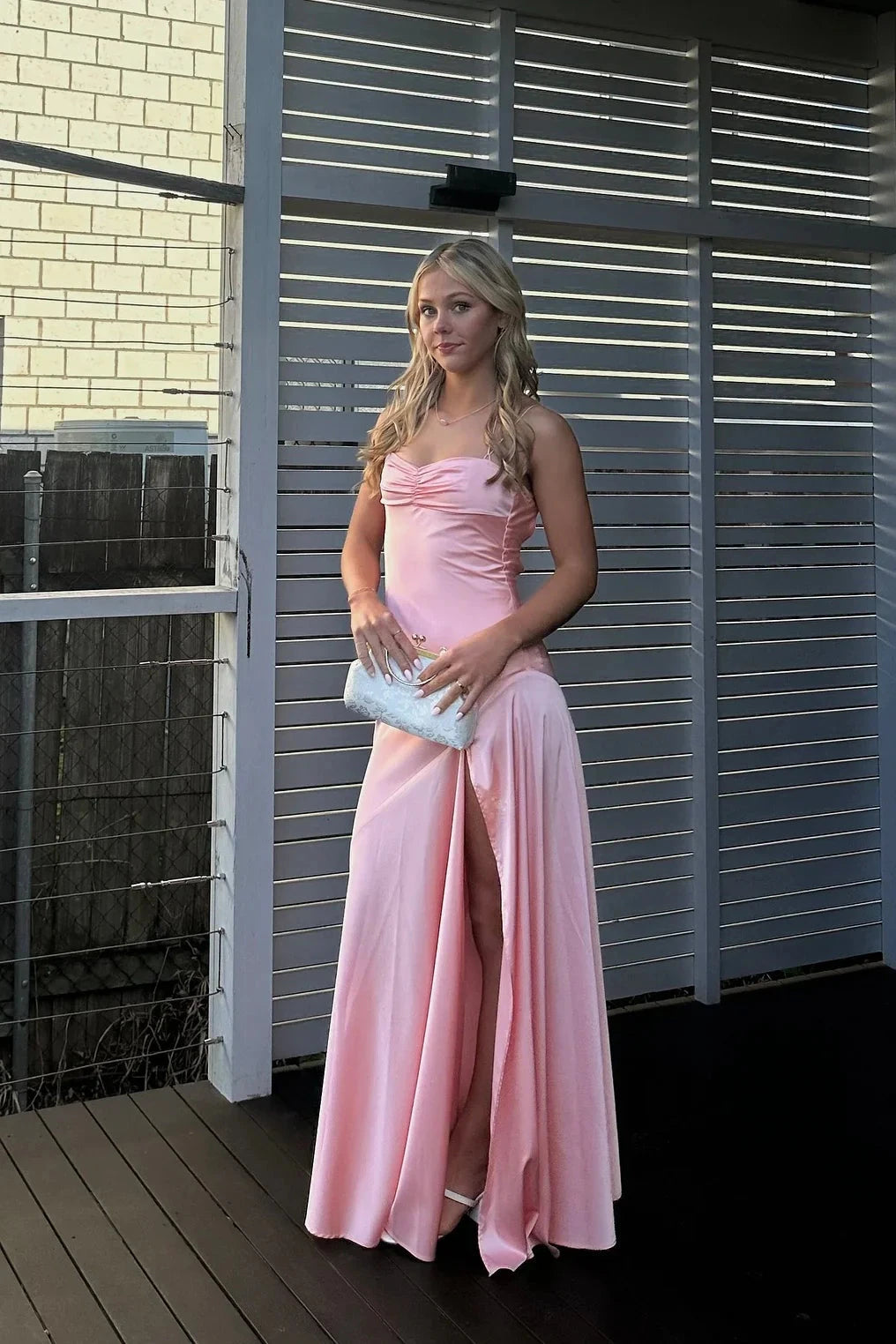 Satin Spaghetti-Strap Halter Sweetheart Crisscross Back High-Slit Sheath Floor-Length Prom Dress by JiMiss Dresses