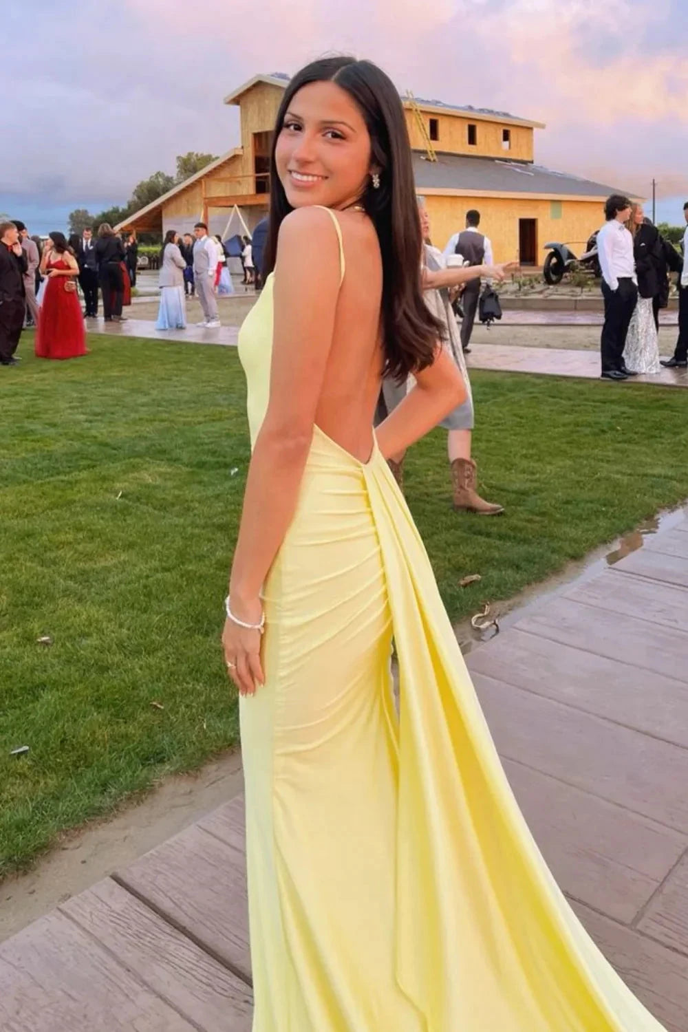 Satin Spaghetti-Strap Sweetheart Open-Back Ruched Side Draped Train Sheath Floor-Length Prom Dress by JiMiss Dresses