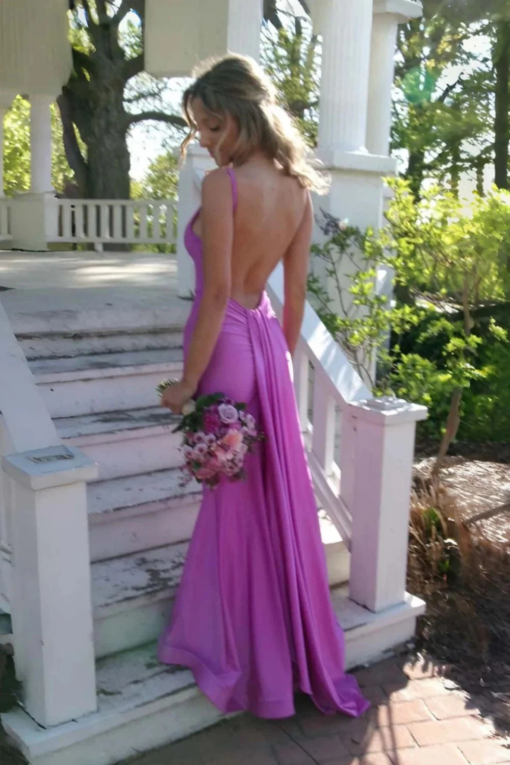 Satin Spaghetti-Strap Sweetheart Open-Back Ruched Side Draped Train Sheath Floor-Length Prom Dress by JiMiss Dresses