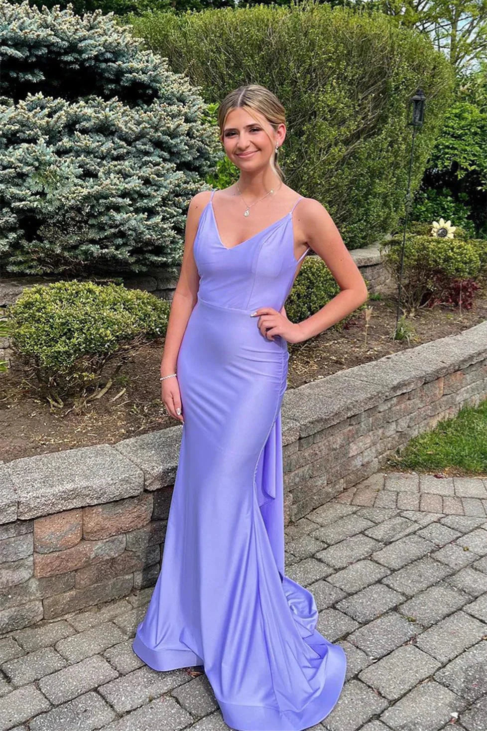 Satin Spaghetti-Strap Sweetheart Open-Back Ruched Side Draped Train Sheath Floor-Length Prom Dress by JiMiss Dresses