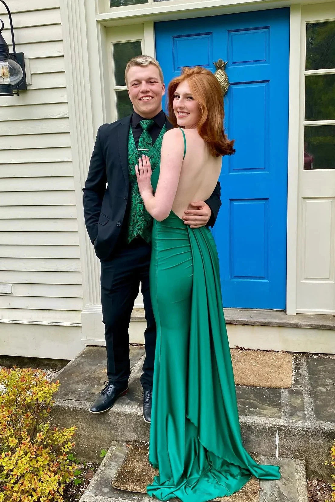 Satin Spaghetti-Strap Sweetheart Open-Back Ruched Side Draped Train Sheath Floor-Length Prom Dress by JiMiss Dresses