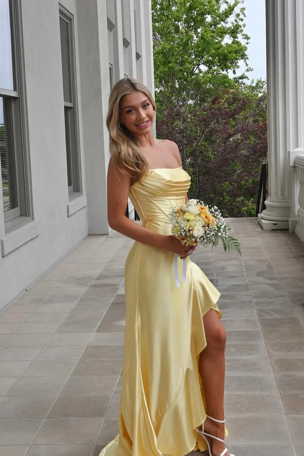 Satin Strapless Cowl Neck Asymmetric Ruffle High-Slit Mermaid Prom Dress by JiMiss Dresses