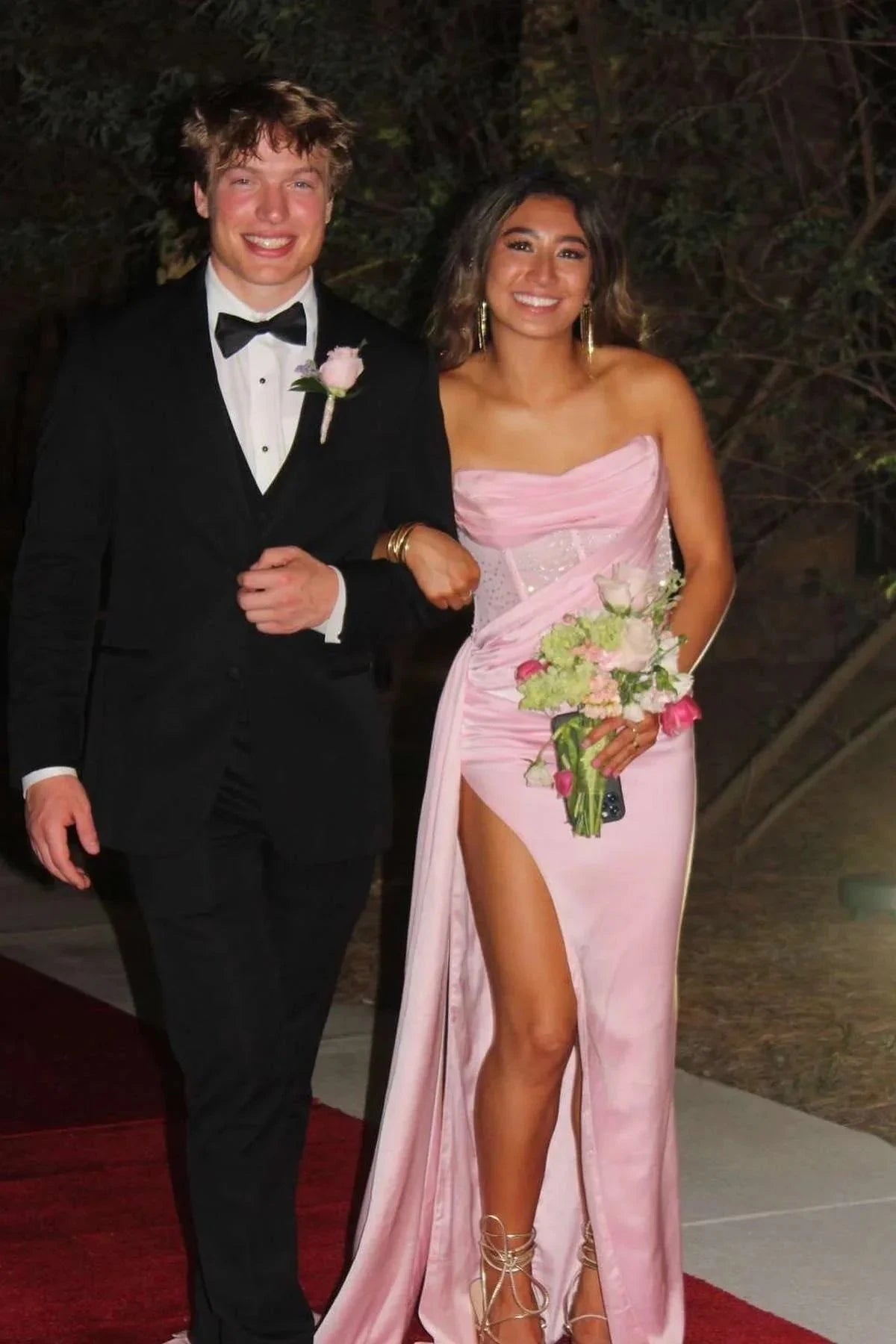Satin Strapless Cowl Neck Sequin-Panel Ruched High-Slit Asymmetric Train Prom Dress by JiMiss Dresses