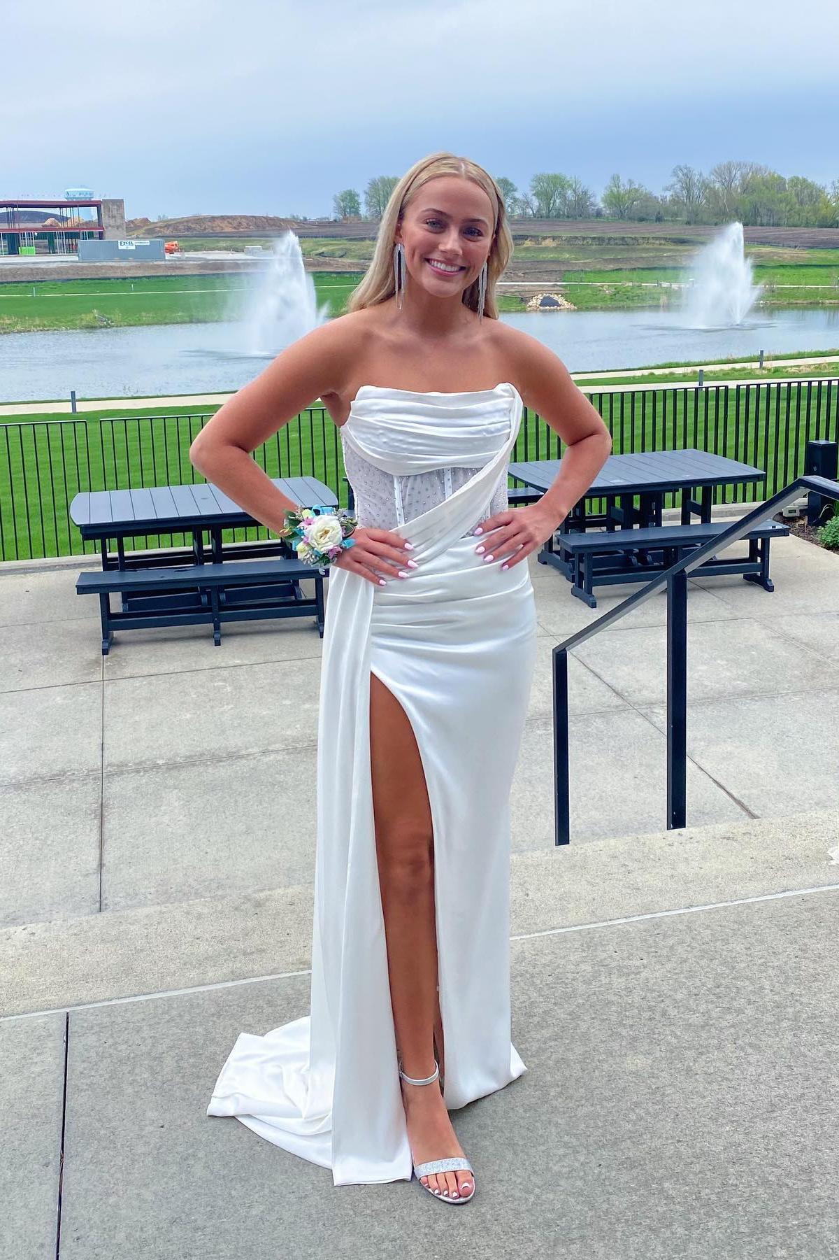 Satin Strapless Cowl Neck Sequin-Panel Ruched High-Slit Asymmetric Train Prom Dress by JiMiss Dresses