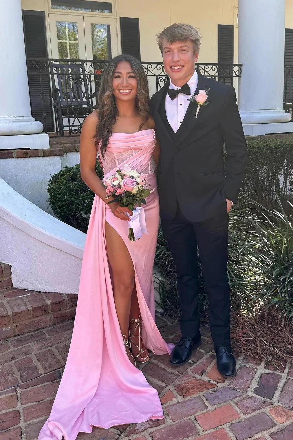 Satin Strapless Cowl Neck Sequin-Panel Ruched High-Slit Asymmetric Train Prom Dress by JiMiss Dresses