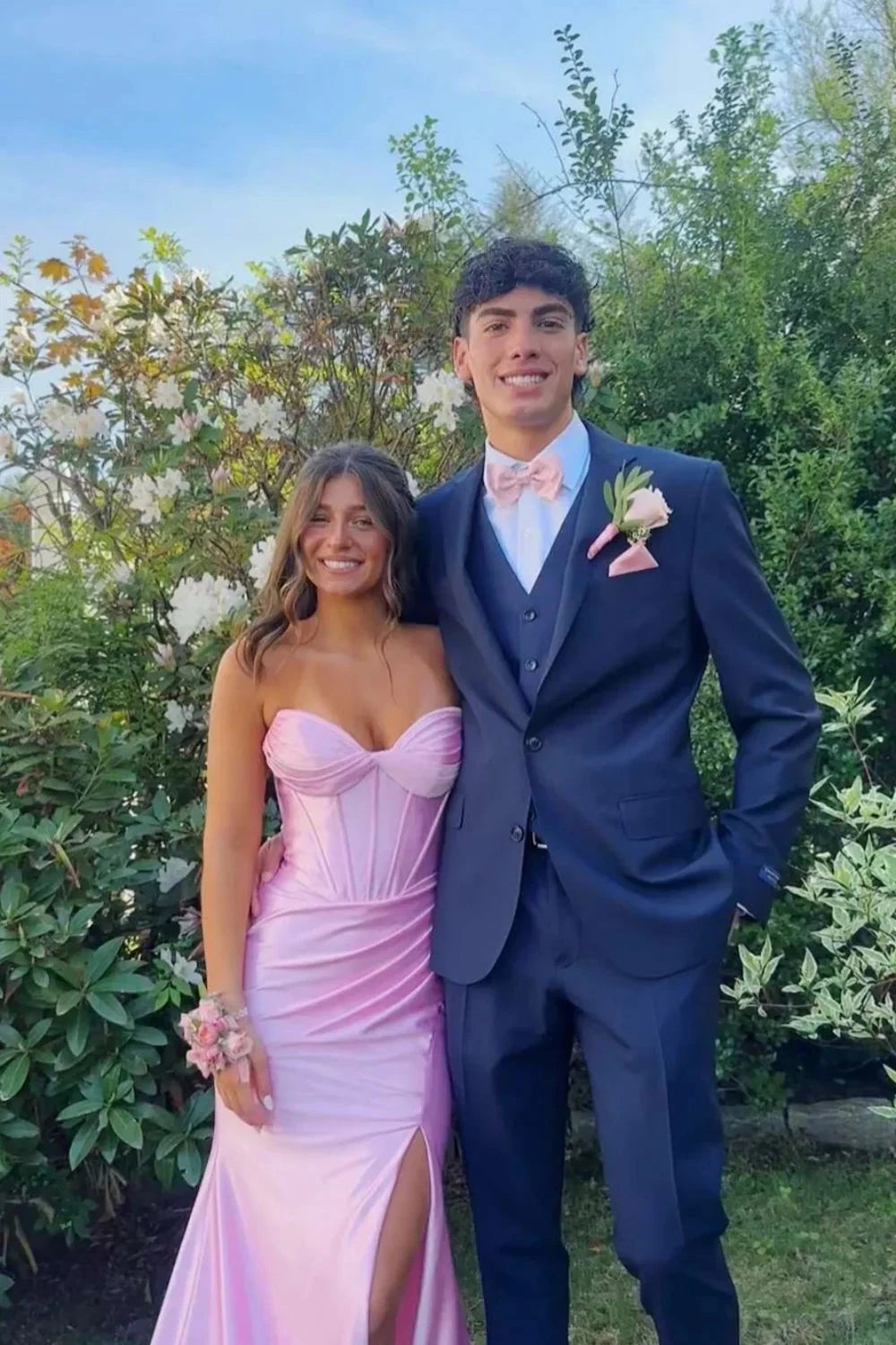 Satin Strapless Sweetheart Corset Bodice Lace-Up Back Ruched High-Slit Mermaid Train Prom Dress by JiMiss Dresses