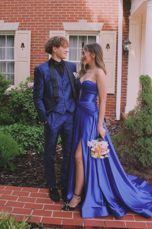 Satin Strapless Sweetheart Cutout Bodice Ruched High-Slit A-Line Train Prom Dress by JiMiss Dresses
