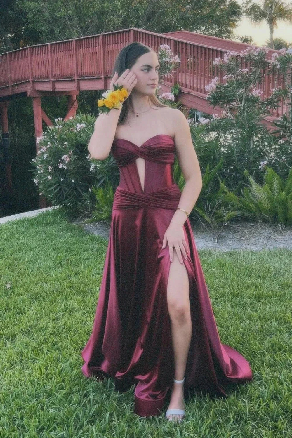 Satin Strapless Sweetheart Cutout Bodice Ruched High-Slit A-Line Train Prom Dress by JiMiss Dresses