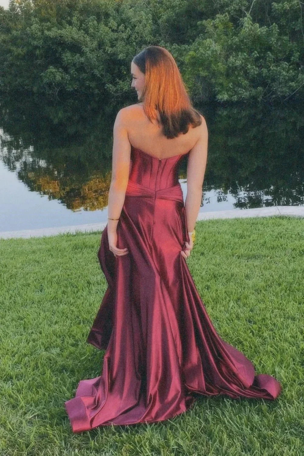 Satin Strapless Sweetheart Cutout Bodice Ruched High-Slit A-Line Train Prom Dress by JiMiss Dresses