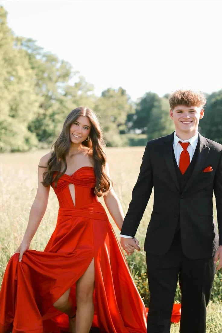 Satin Strapless Sweetheart Cutout Bodice Ruched High-Slit A-Line Train Prom Dress by JiMiss Dresses