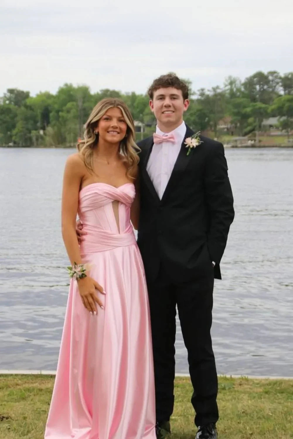 Satin Strapless Sweetheart Cutout Bodice Ruched High-Slit A-Line Train Prom Dress by JiMiss Dresses