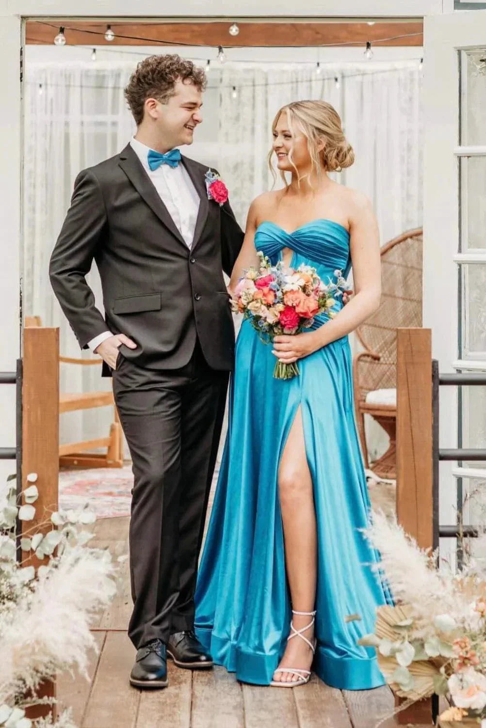 Satin Strapless Sweetheart Cutout Bodice Ruched High-Slit A-Line Train Prom Dress by JiMiss Dresses