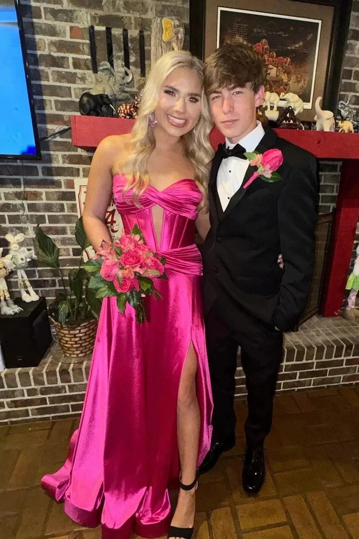 Satin Strapless Sweetheart Cutout Bodice Ruched High-Slit A-Line Train Prom Dress by JiMiss Dresses