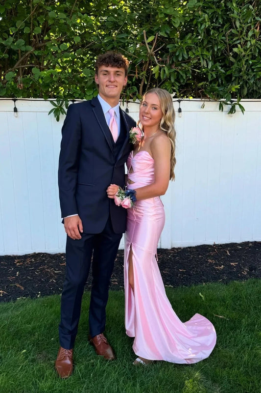 Satin Strapless Sweetheart Cutout Bodice Ruched High-Slit Mermaid Train Prom Dress by JiMiss Dresses