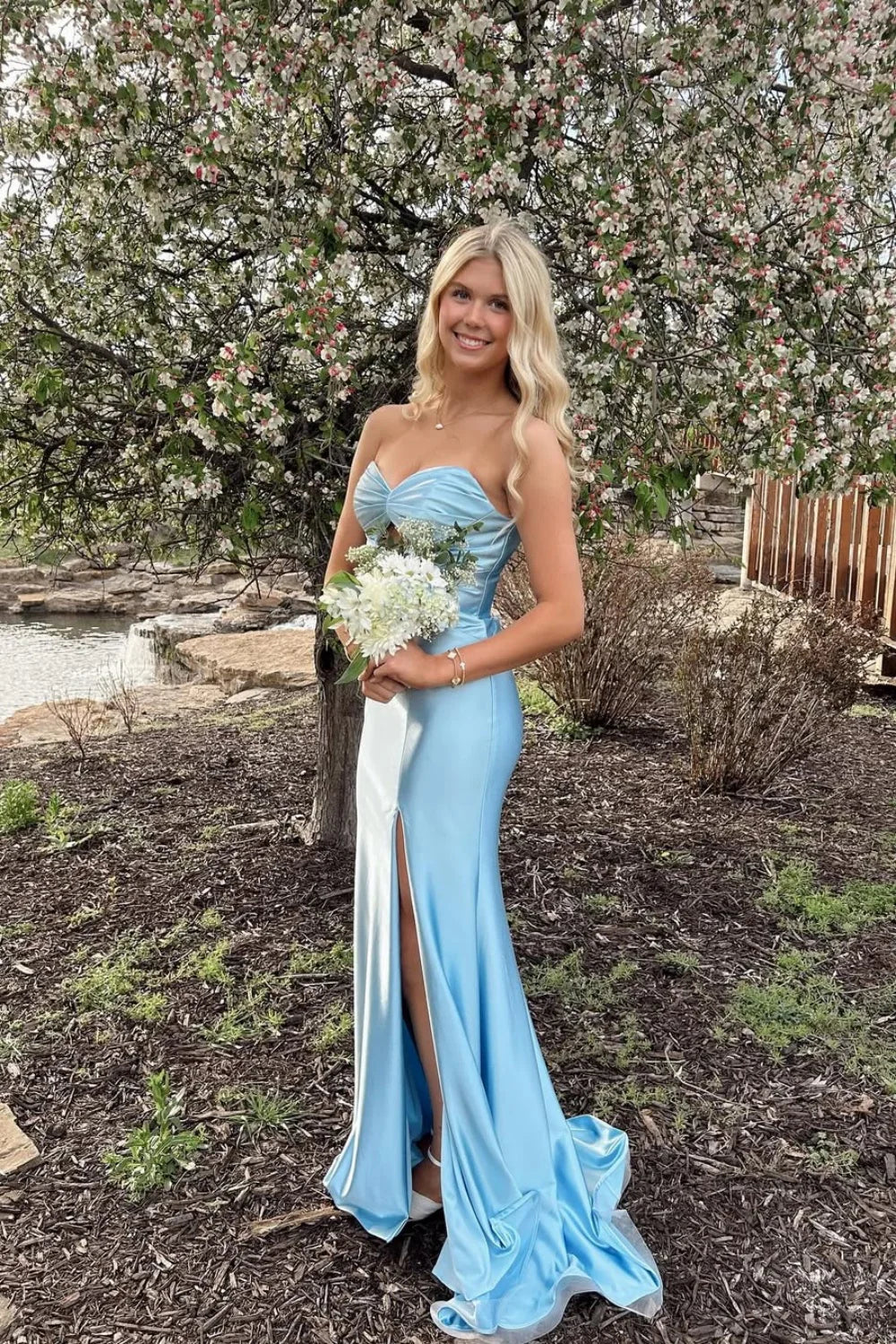 Satin Strapless Sweetheart Cutout Bodice Ruched High-Slit Mermaid Train Prom Dress by JiMiss Dresses