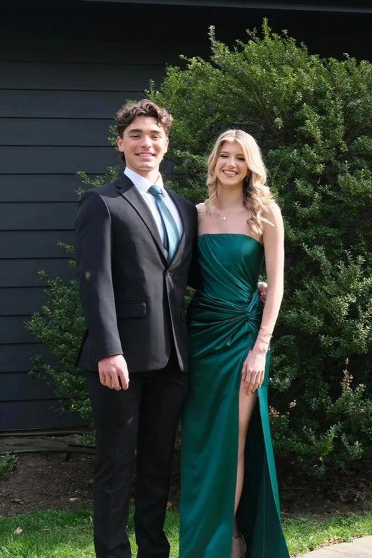 Satin Strapless Sweetheart Twist-Ruched Bodice High-Slit Sheath Floor-Length Prom Dress by JiMiss Dresses