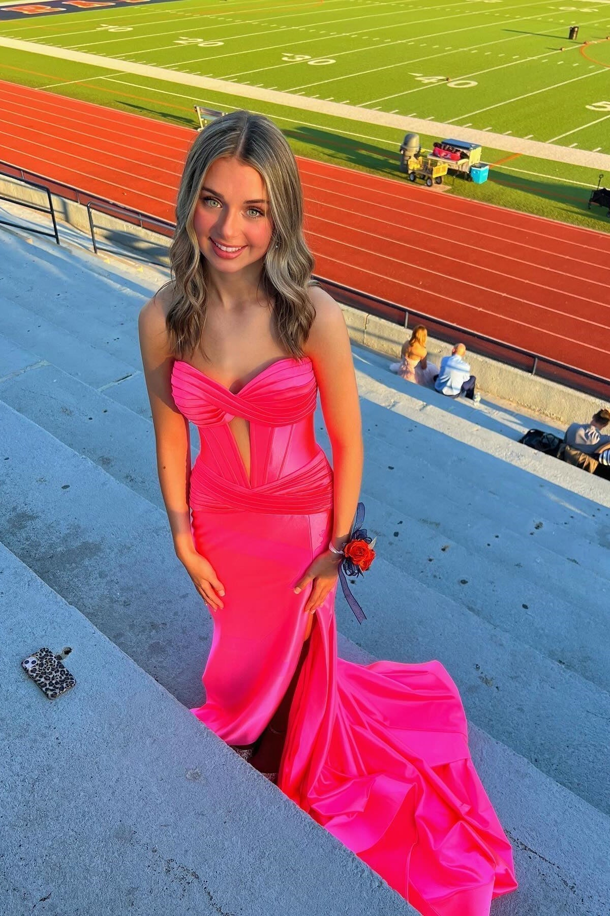 Satin Strapless Sweetheart Twist Bodice Cutout Ruched High-Slit Mermaid Train Prom Dress by JiMiss Dresses