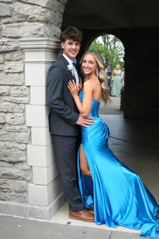 Satin Strapless Sweetheart Twist Bodice Cutout Ruched High-Slit Mermaid Train Prom Dress by JiMiss Dresses