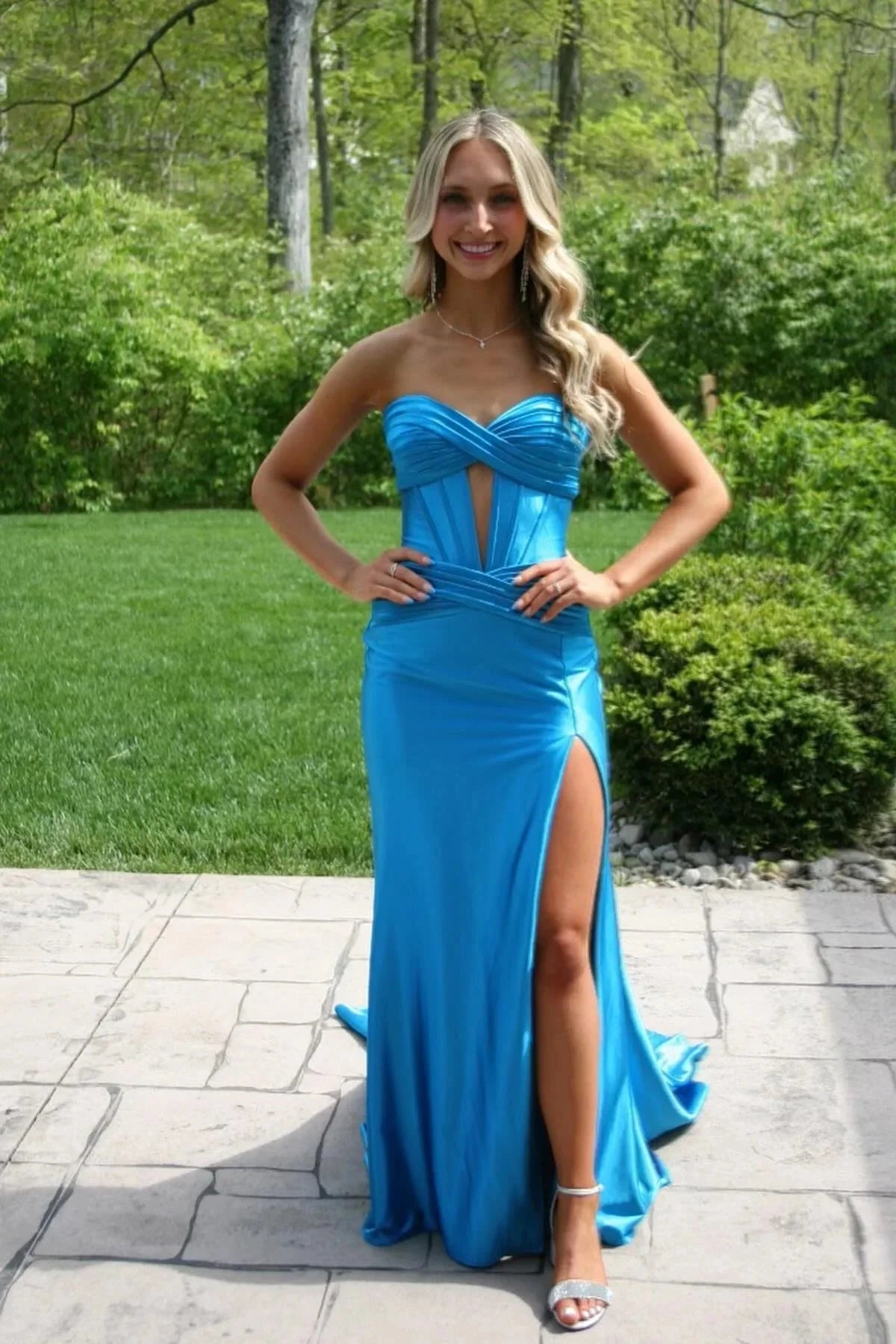 Satin Strapless Sweetheart Twist Bodice Cutout Ruched High-Slit Mermaid Train Prom Dress by JiMiss Dresses