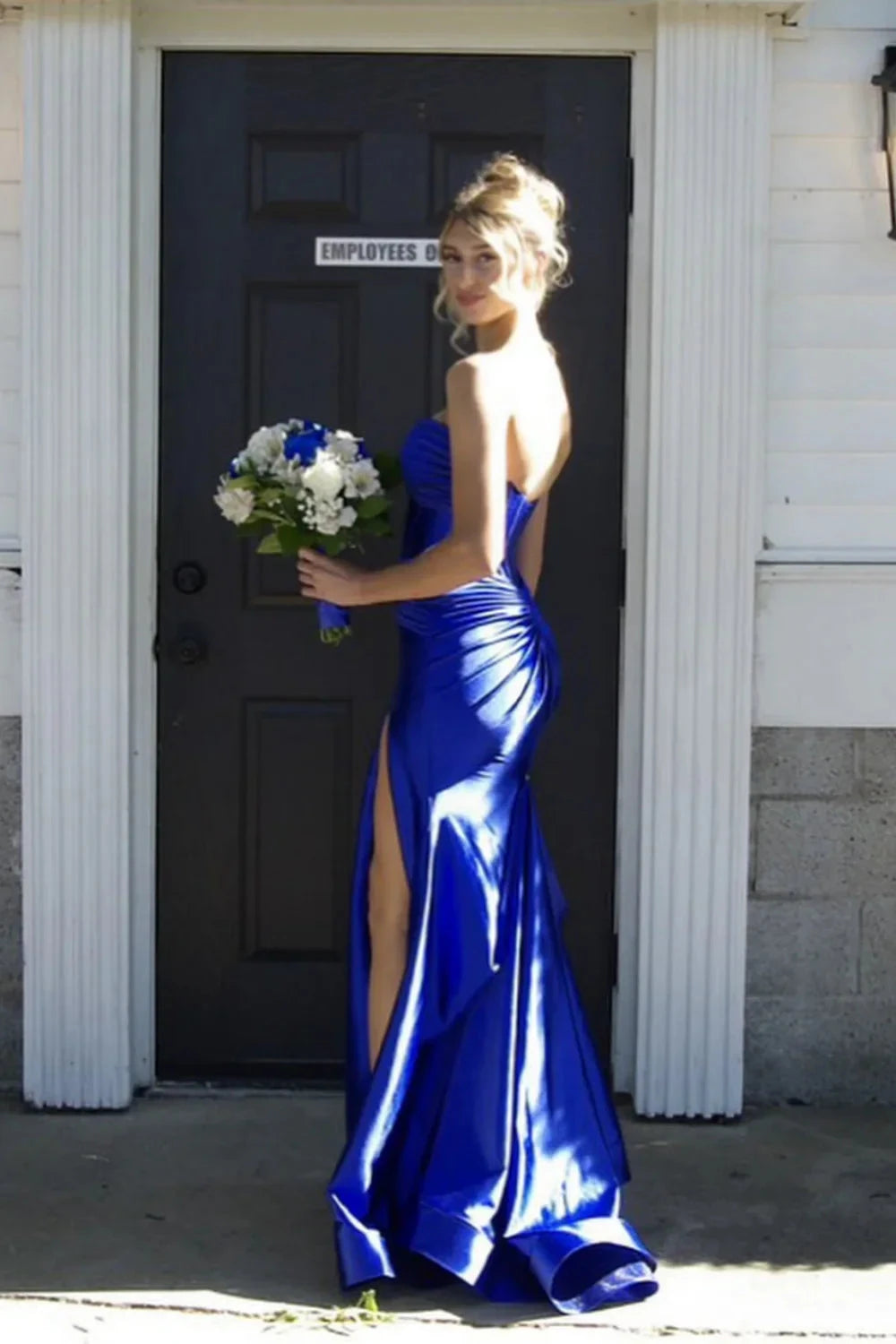 Satin Strapless Sweetheart Twist Bodice Cutout Ruched High-Slit Mermaid Train Prom Dress by JiMiss Dresses