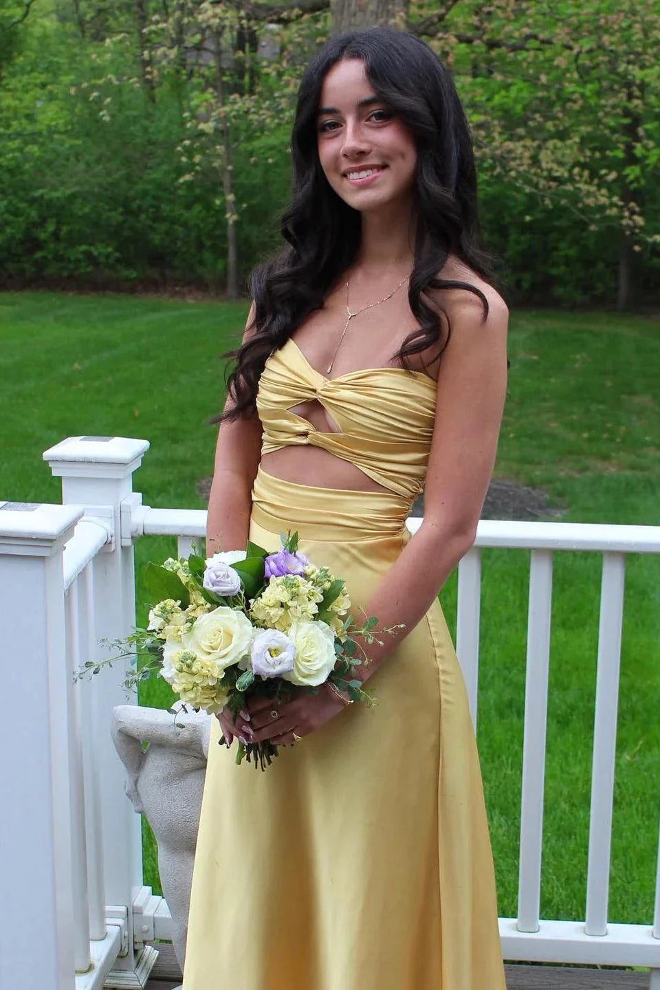 Satin Strapless Twist Bodice Cutout Waist Sheath Floor-Length Prom Dress by JiMiss Dresses