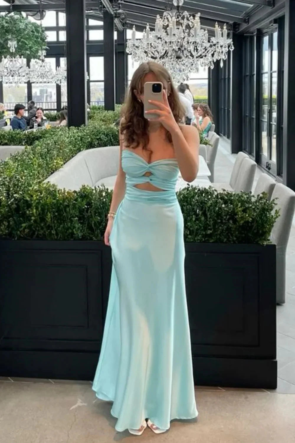Satin Strapless Twist Bodice Cutout Waist Sheath Floor-Length Prom Dress by JiMiss Dresses