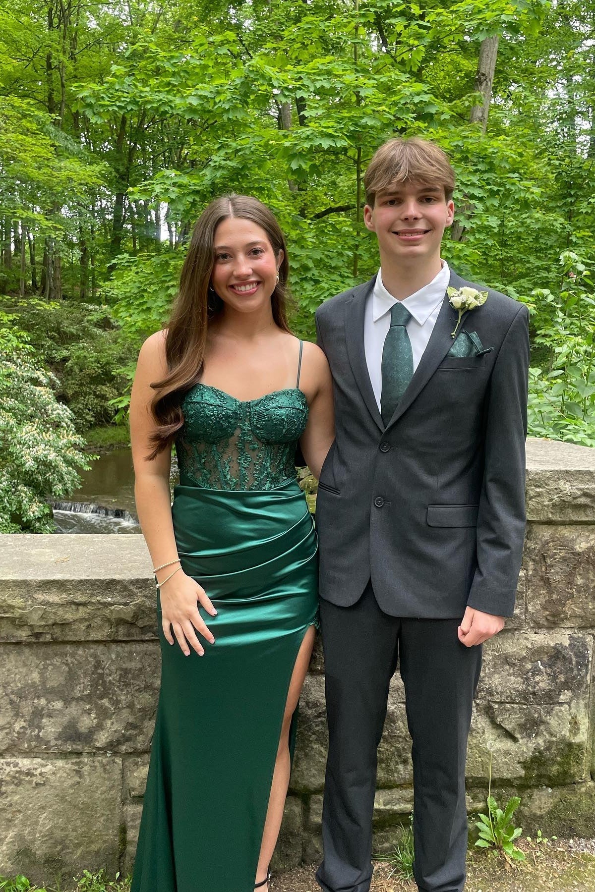 Satin & Lace Spaghetti-Strap Sweetheart Corset Bodice High-Slit Sheath Floor-Length Prom Dress by JiMiss Dresses